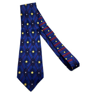 Tommy Hilfiger Silk Tie Patriotic Blue Yellow Stars Red Bars Made in USA 58"